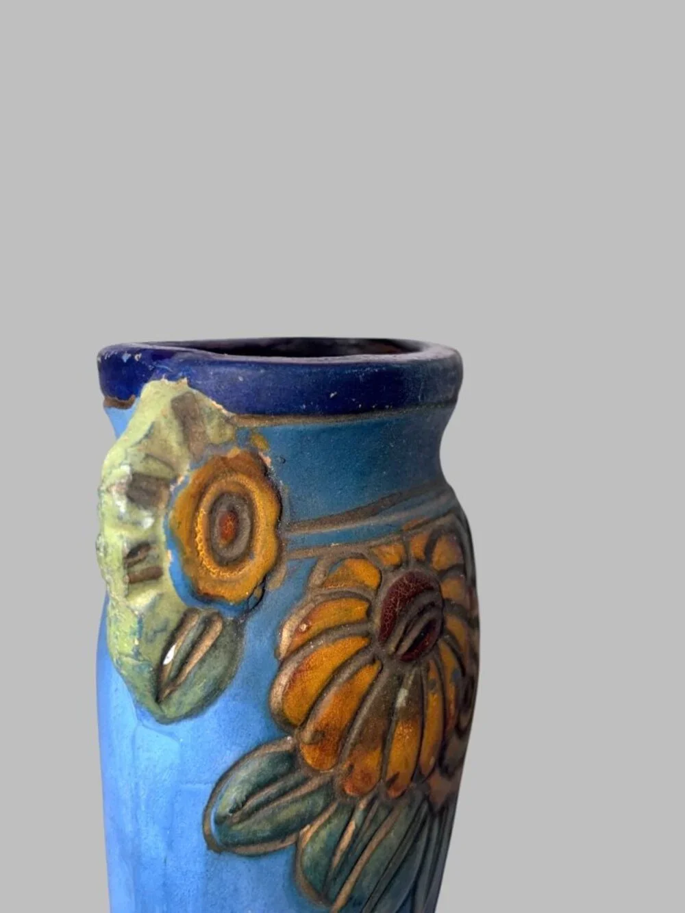 Vintage Japan Floral Wall Pocket Vase Pair Blue Yellow Cottagecore Folk Art 8.25